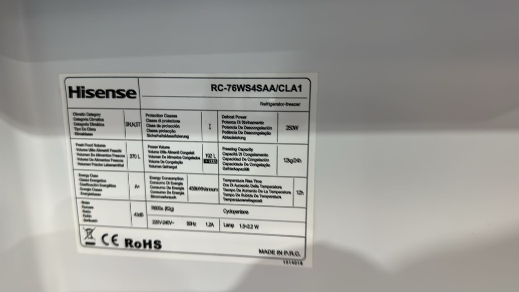 RC-76WS4SAA/CLA1 FRIGORÍFICO AMERICANO 175X91 CM HISENSE TOTAL NO FROST A+ INOXIDABLE 