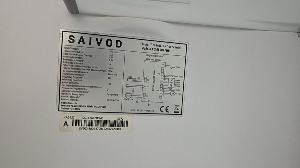 CC18660NFWD FRIGORÍFICO COMBI 185X60 CM SAIVOD NO FROST BLANCO