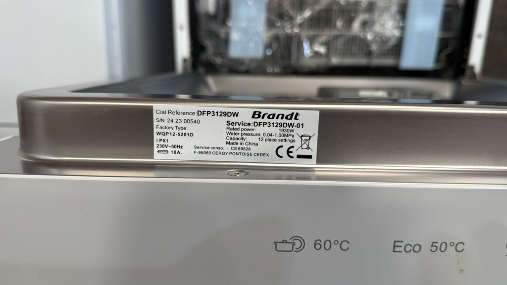 DFP3129DW LAVAVAJILLAS 60 CM BRANDT 12 CUBIERTOS BLANCO
