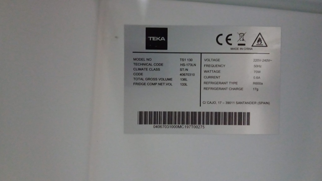 HS-173LN FRIGORÍFICO BAJO ENCIMERA TEKA TS1 130 CÍCLICO BLANCO