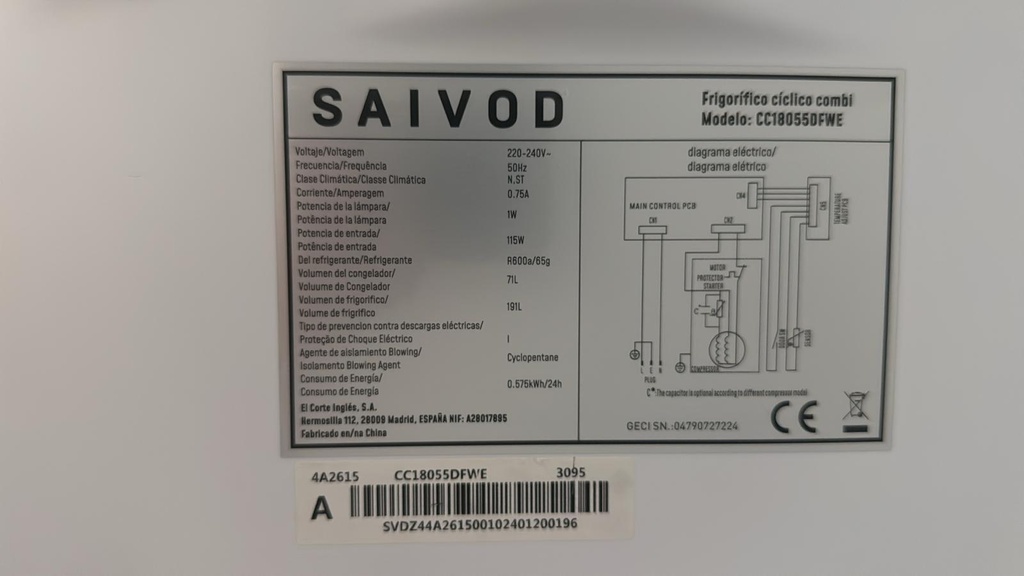 CC18055DFWE FRIGORÍFICO COMBI 179X54 CM SAIVOD CÍCLICO BLANCO