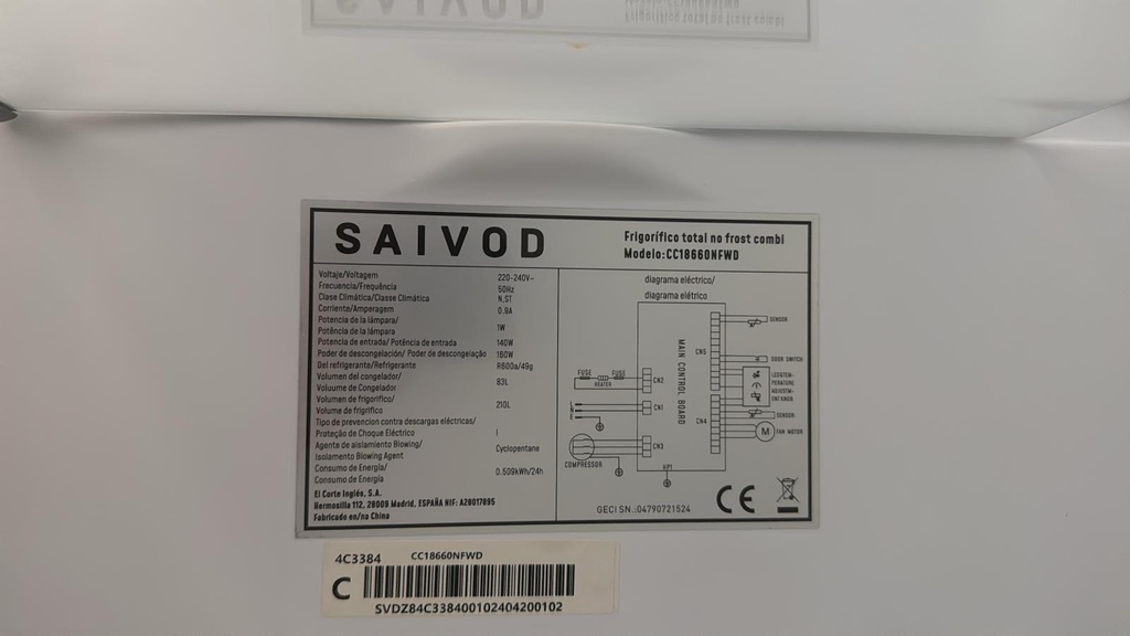 CC18660NFWD FRIGORÍFICO COMBI 185X60 CM SAIVOD TOTAL NO FROST BLANCO