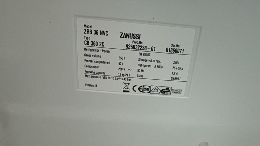 ZRB36NVC FRIGORÍFICO COMBI 185X60 CM ZANUSSI CÍCLICO BLANCO