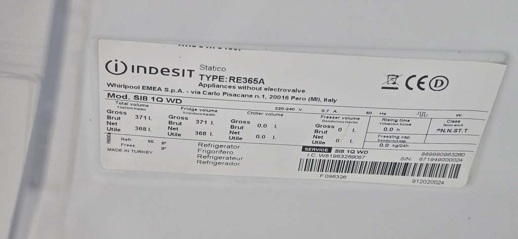 FRIGORIFICO VERTICAL 185X60 CM INDESIT BLANCO MOD. SIB1QWD