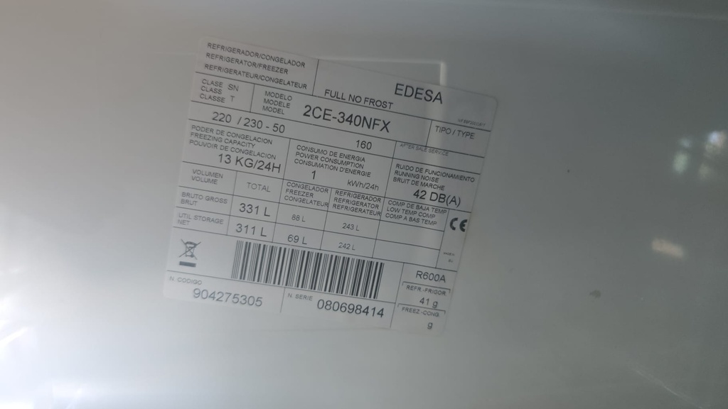 FRIGORIFICO COMBI 185X60 CM EDESA ACERO INOX NO FROS MOD. 2CE340NFX