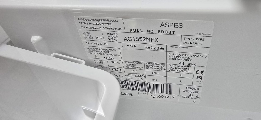 FRIGORIFICO COMBI 185X60 ASPES ACERO MOD. AC1852NFX