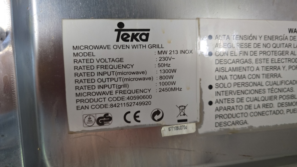 MICROONDAS TEKA ACERO INOX MODELO MW213INOX