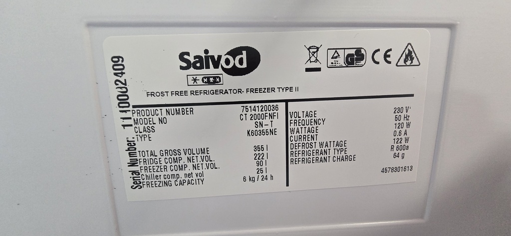 FRIGORIFICO COMBI 200X60 SAIVOD ACERO INOX MODELO CT2000FNFI