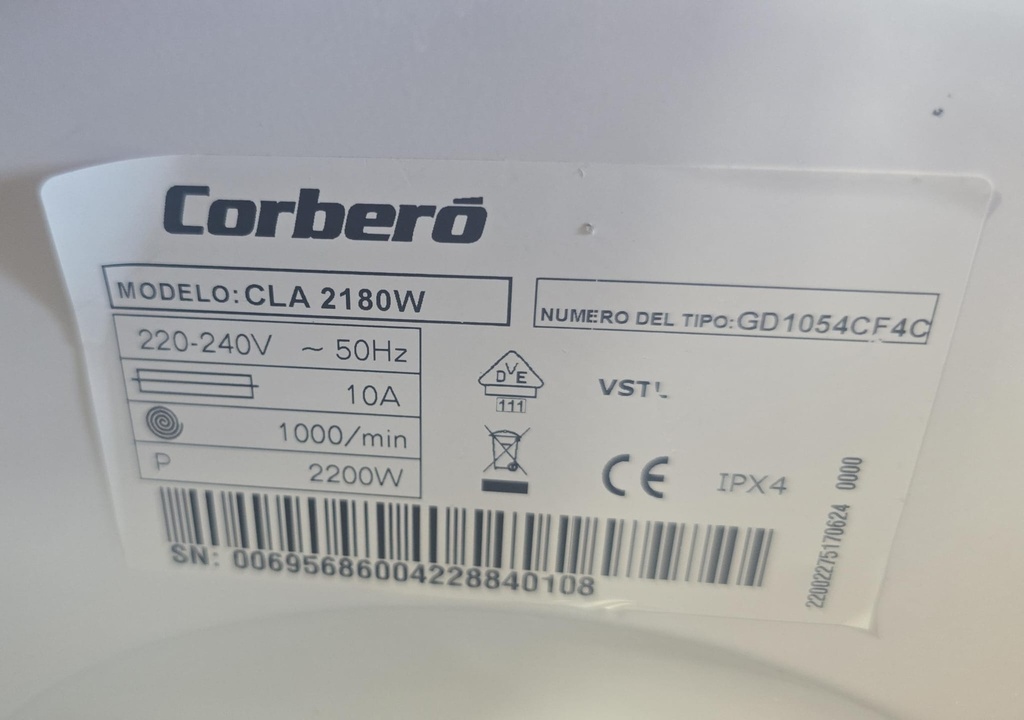 LAVADORA 8 KG CORBERO 1000RPM MOD. CLA2180W