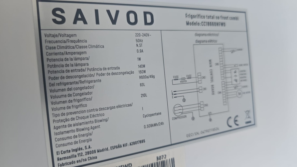FRIGORIFICO COMBI 185X60 CM BLANCO SAIVOD NO FROST MOD. CC18660NFWD (MALAGA)