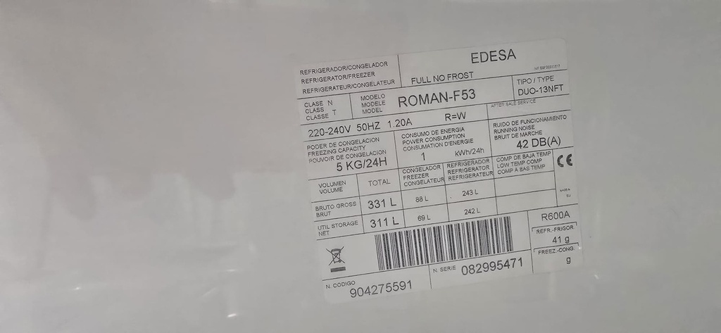 FRIGORIFICO COMBI 185X60CM EDESA NO FROST MODELO ROMAN-F53