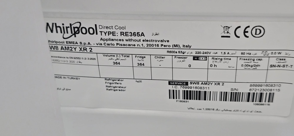 FRIGORIFICO 1 PUERTA VERTICAL WHIRPOOL ACERO INOX NO FROST MODELO SW8AM2YXR2