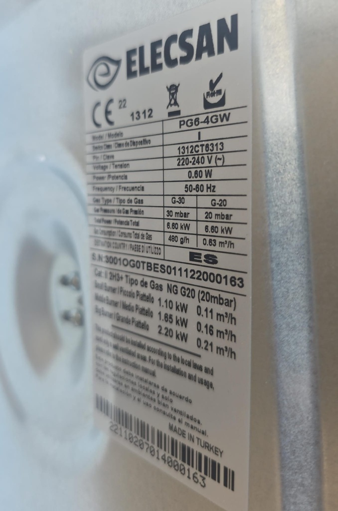 PLACA CRISTAL GAS ELECSAN 4 FUEGOS BLANCA MOD. PG6-4GW