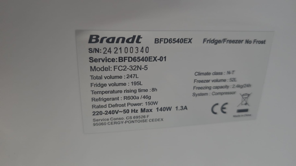 FRIGORIFICO 2P 166X55 CM BRANDT ACERO MOD. BFD6540EX