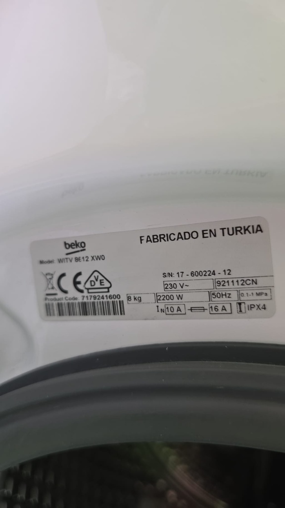 LAVADORA 8 KG BEKO INTEGRABLE A++ 1200 RPM MODELO WITV862XW0